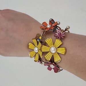Betsey Johnson Vintage HUGE Flower Girl Dragonfly Pearl Checkered Cuff Bracelet